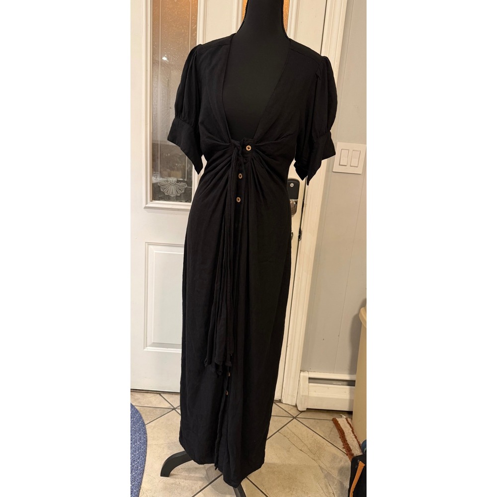 Free people Black Button Front Tie Waist Puff Sleeve Maxi Dress Boho V-NeckDress